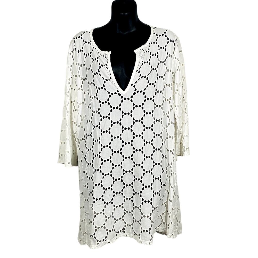 Jordan Taylor Swim Eyelet Cover Up Dress Casual Beach White 3/4 Sleeve - L